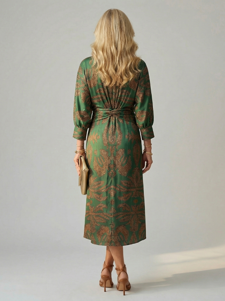 Romilly | Long Sleeve Wrap Midi Dress in Dark Green, Blue, Brown and Red