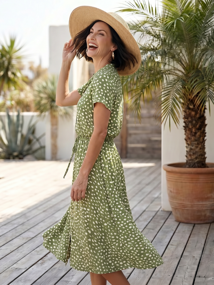 Blythe | Printed Button-Front Belted Midi Dress in Green, Red & White