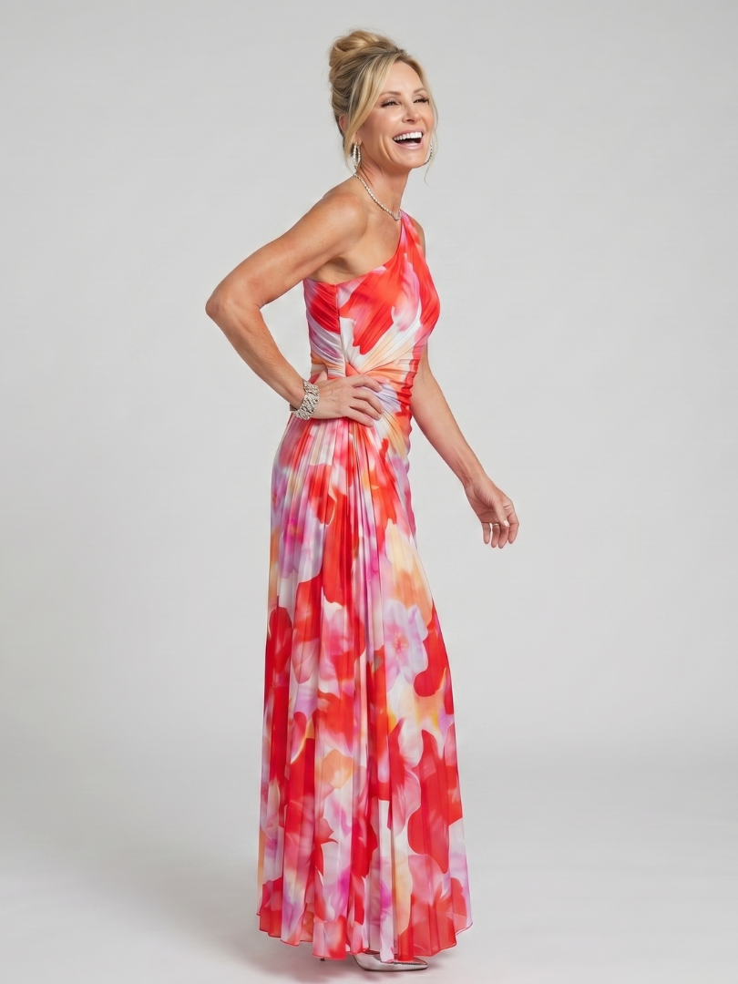 Tamsin | One Shoulder Pleated Bodice Floral Midi Dress