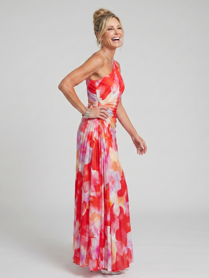 Tamsin | One Shoulder Pleated Bodice Floral Midi Dress