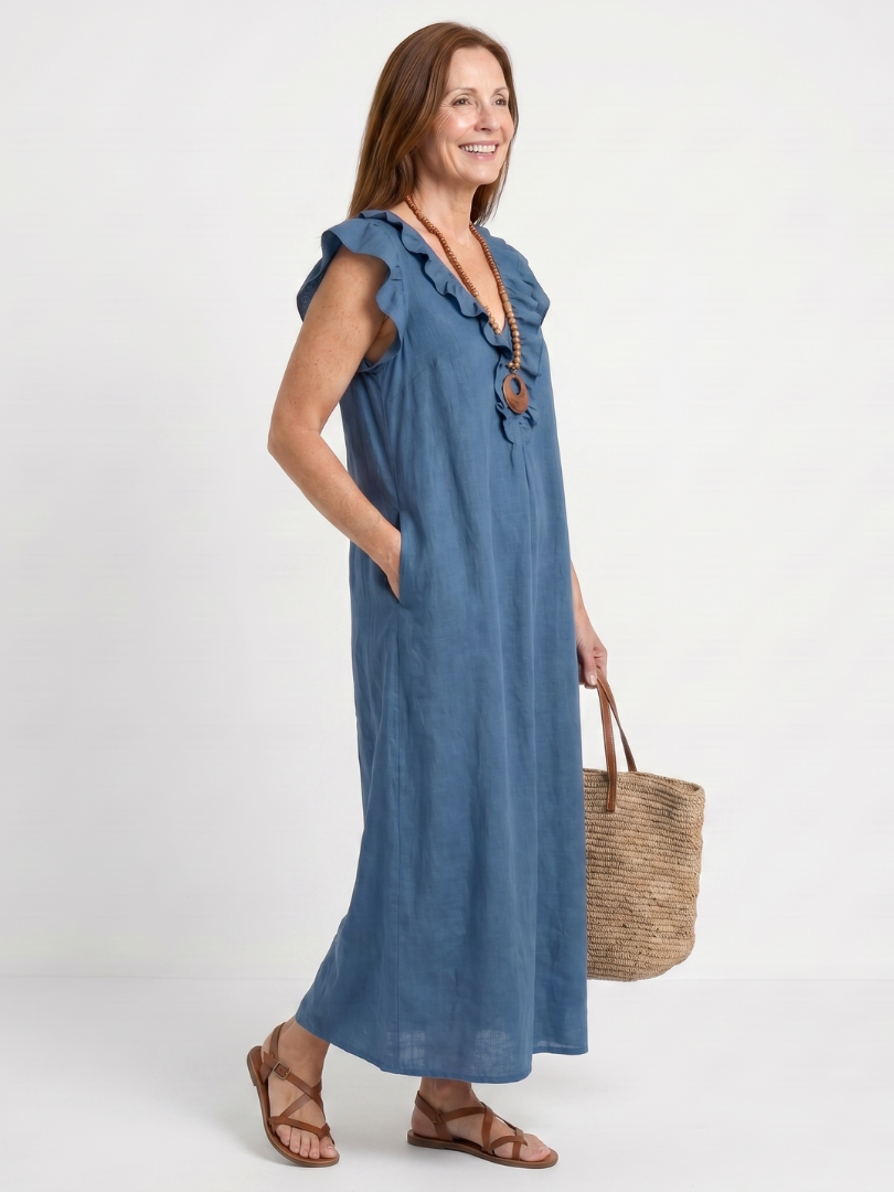 Anneliese | Ruffle Trim V-Neck Sleeveless Relaxed Midi Dress