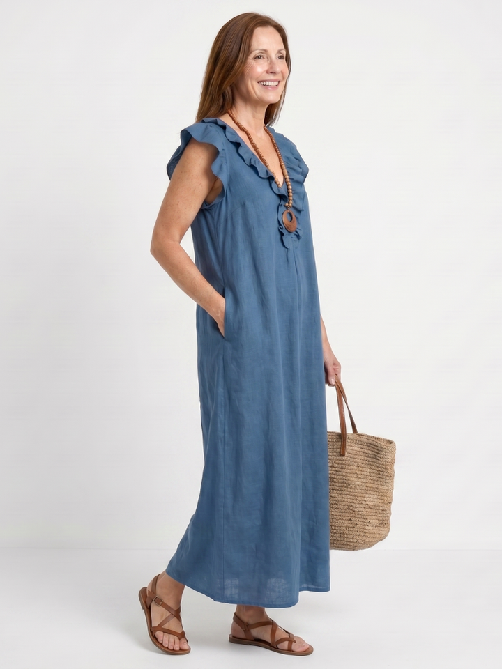 Anneliese | Ruffle Trim V-Neck Sleeveless Relaxed Midi Dress