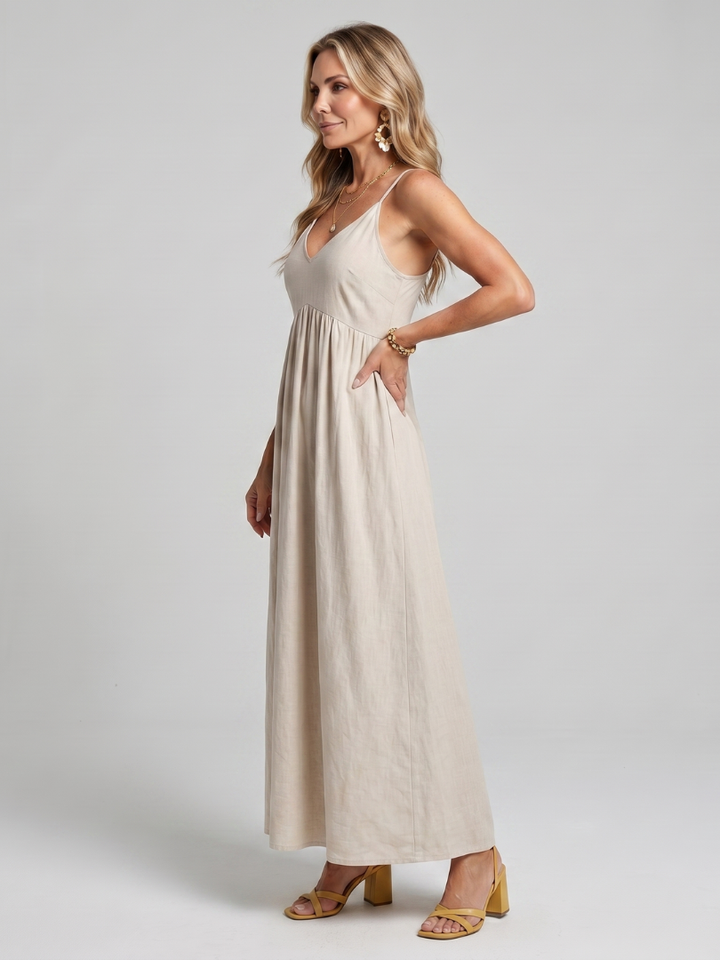 Fleur | Spaghetti Strap Gathered Waist Flowing Midi Dress in White