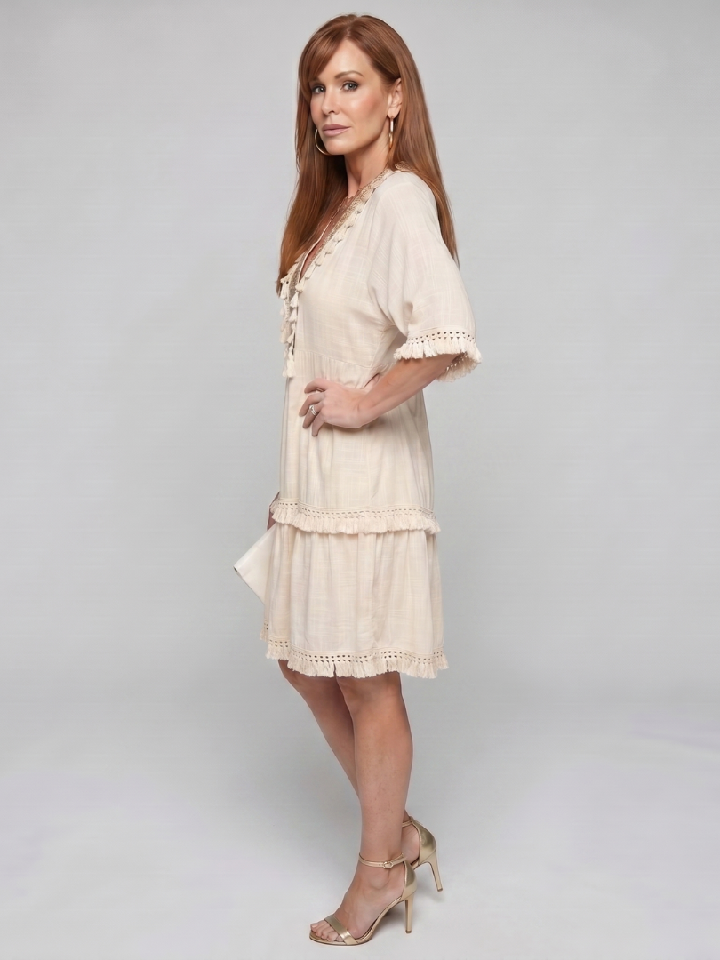 Delia | Embroidered V-Neck Short Sleeve Mini Dress in Beige