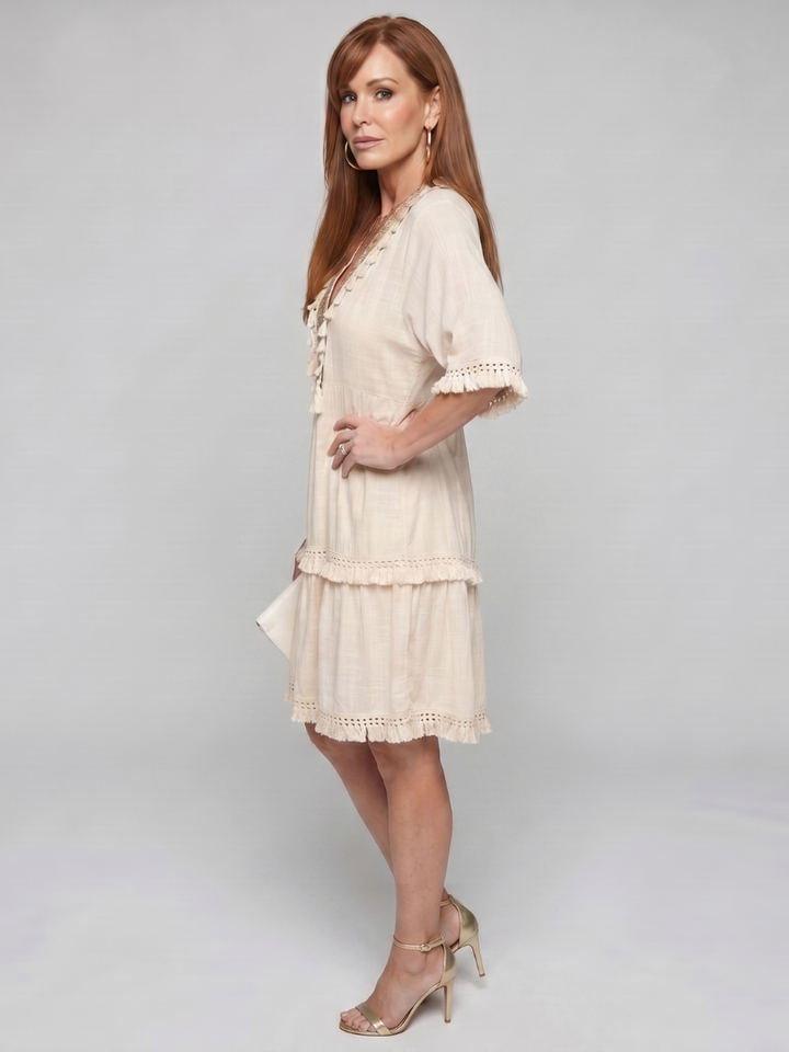 Delia | Embroidered V-Neck Short Sleeve Mini Dress in Beige