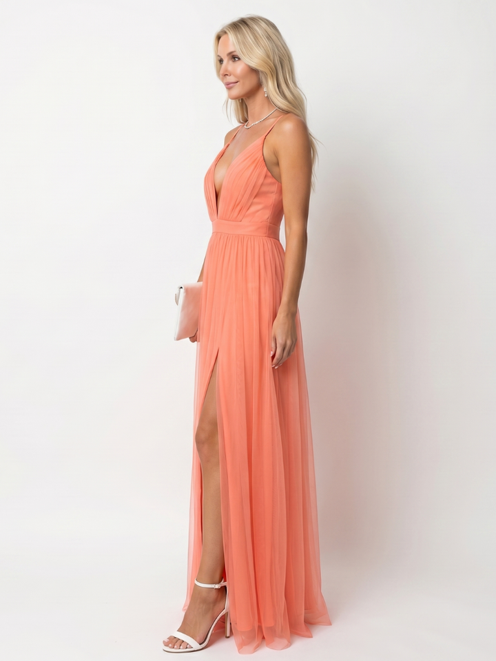 Isolde | Deep V-Neck Pleated Maxi Dress in Orange