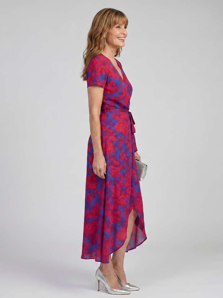Phoebe | Short Sleeve Floral Wrap Midi Dress in Red, Pink & Floral
