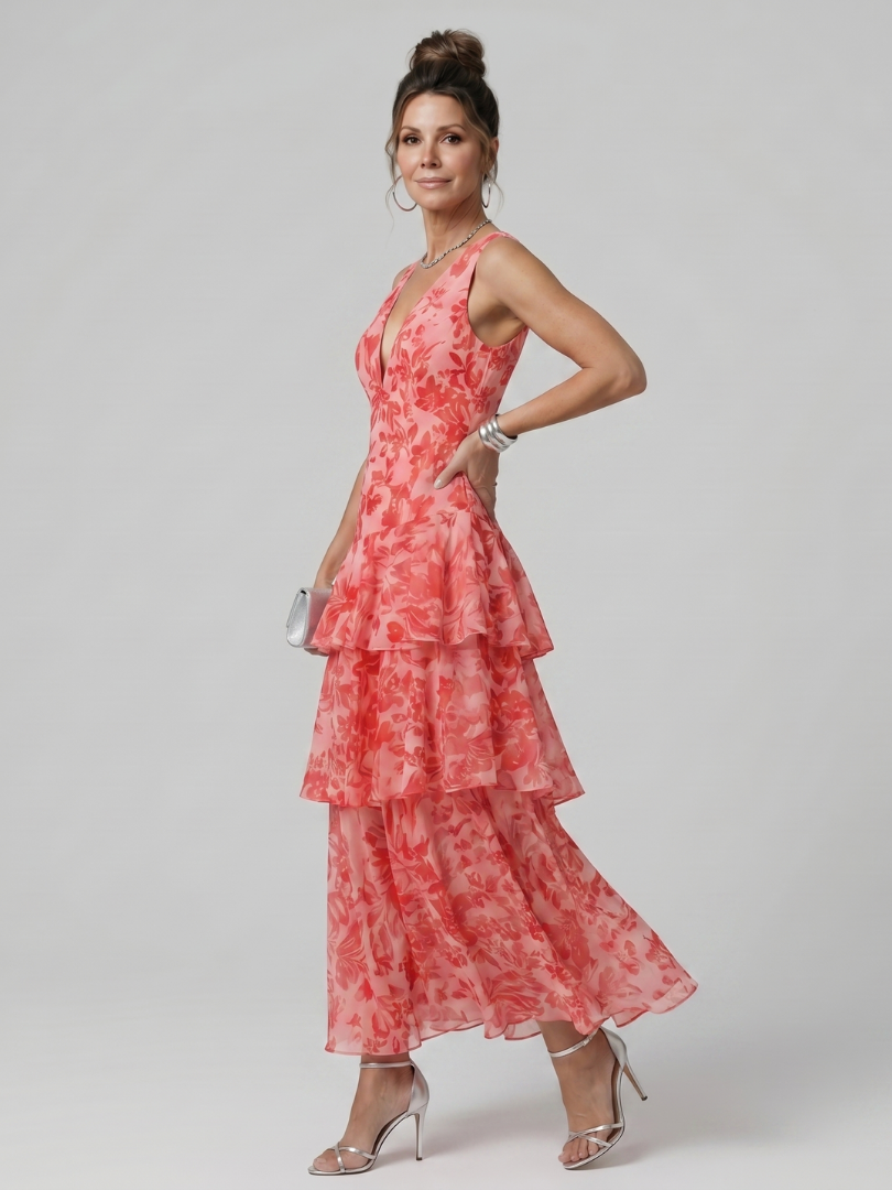 Ottilie | Deep V-Neck Sleeveless Painterly Print Midi Dress in Red, Beige & Burgundy