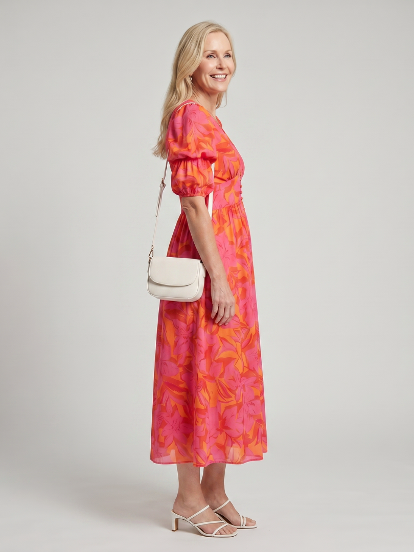 Rosalind | Puff Sleeve V-Neck Bold Floral Print Midi Dress in Multicolour