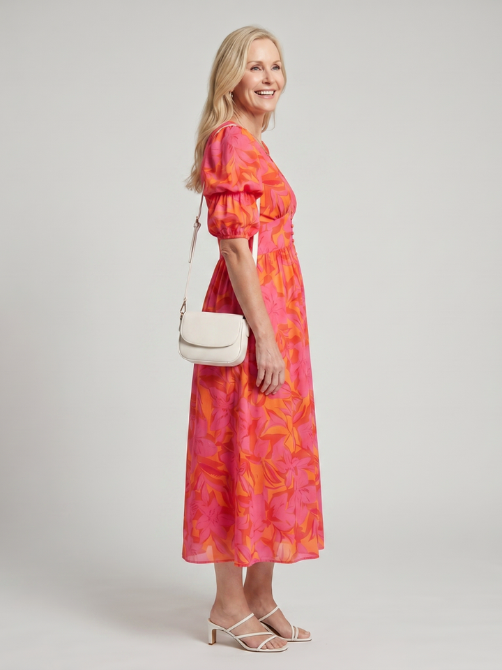Rosalind | Puff Sleeve V-Neck Bold Floral Print Midi Dress in Multicolour
