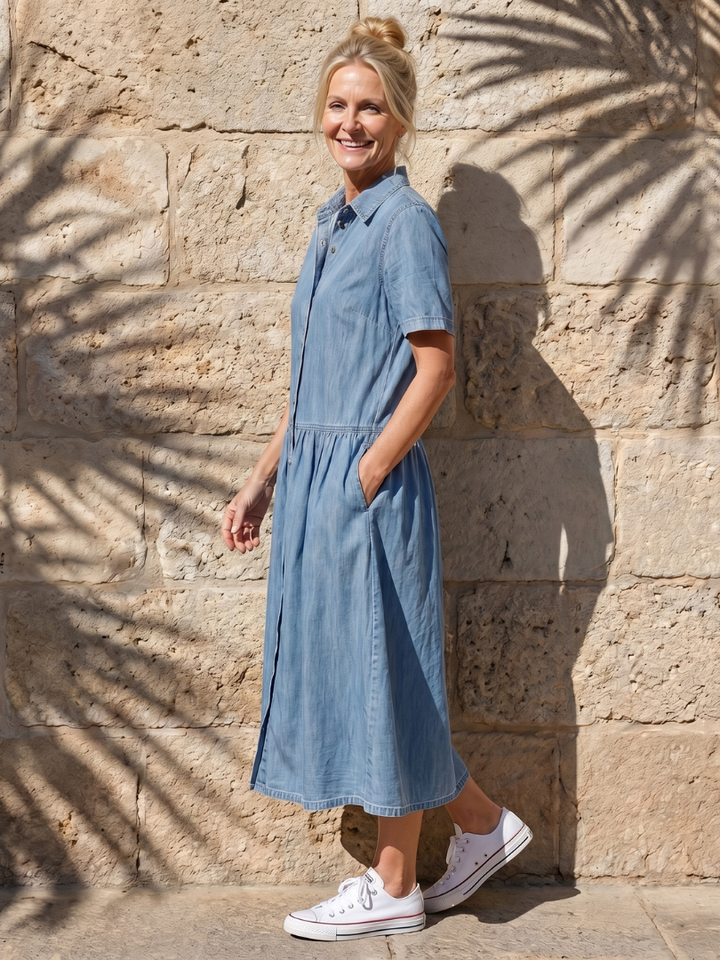 Geneva | Gathered Waist Button-Front Collared Midi Dress in Blue