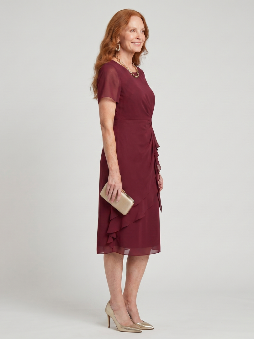 Elowen | Short Sleeve Layered Hem Midi Dress with Twist Waist Detail