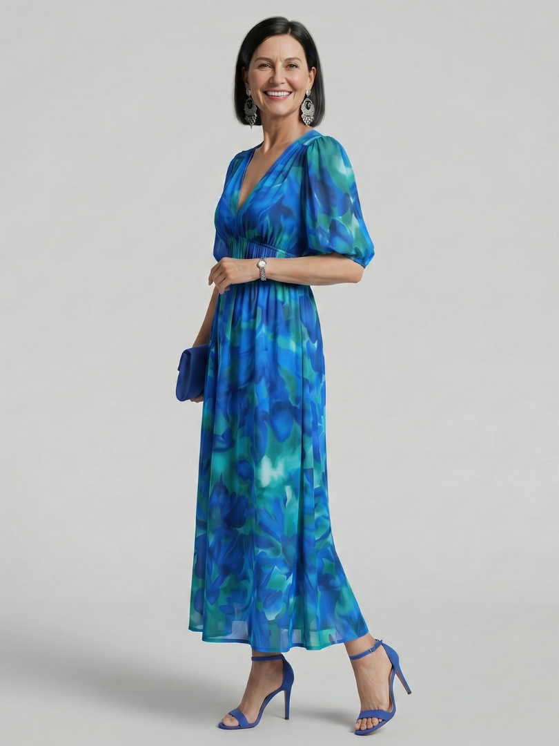 Fenella | Puff Sleeve V-Neck Abstract Print Midi Dress