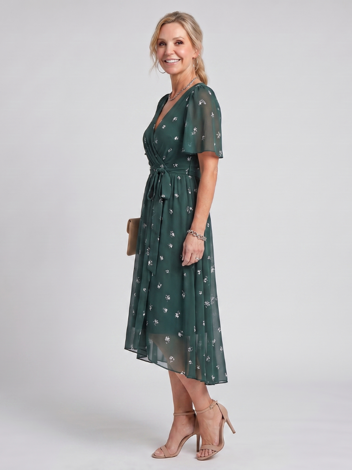 Mirabel | Flutter Sleeve Gathered Waist Floral Print Midi Dress in Dark Green