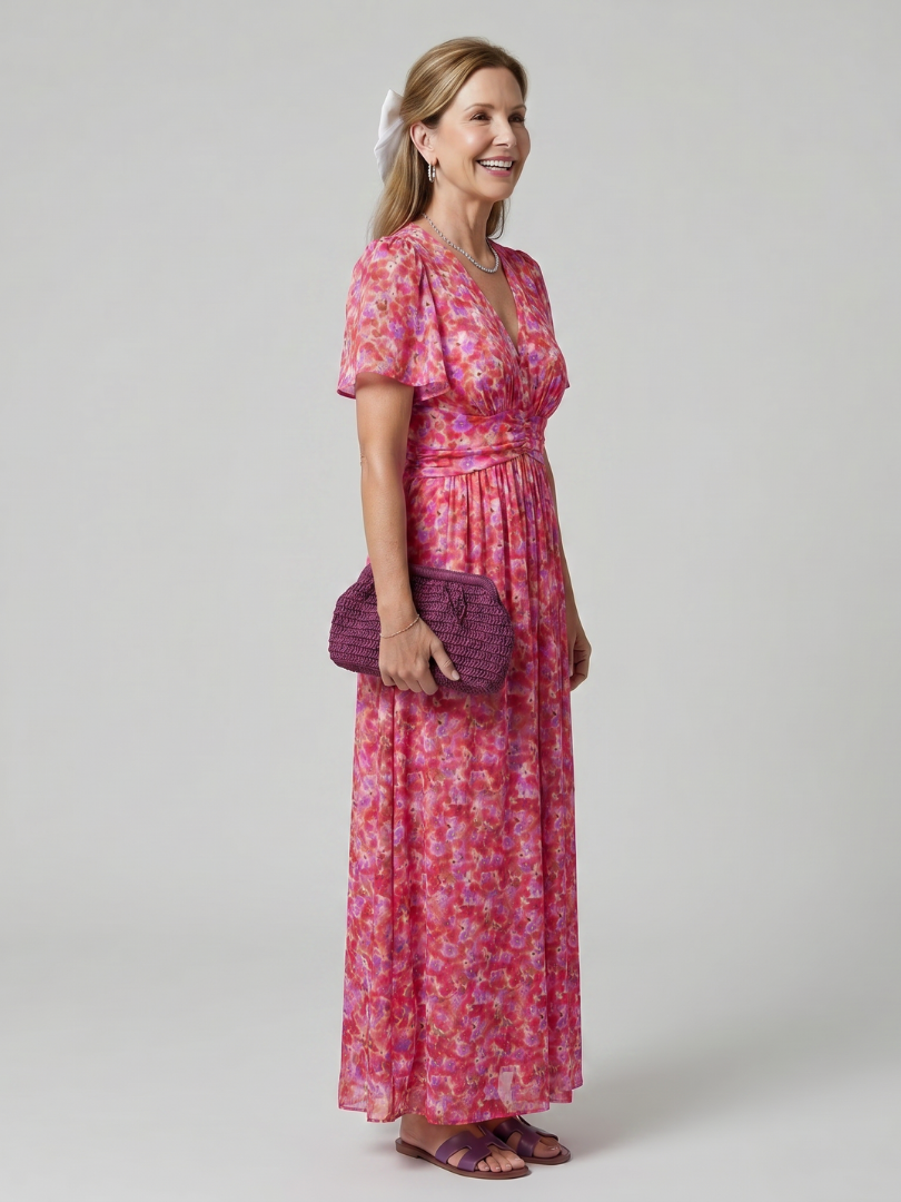Cecily | Short Sleeve Ditsy Floral Midi Dress with Gathered Waist