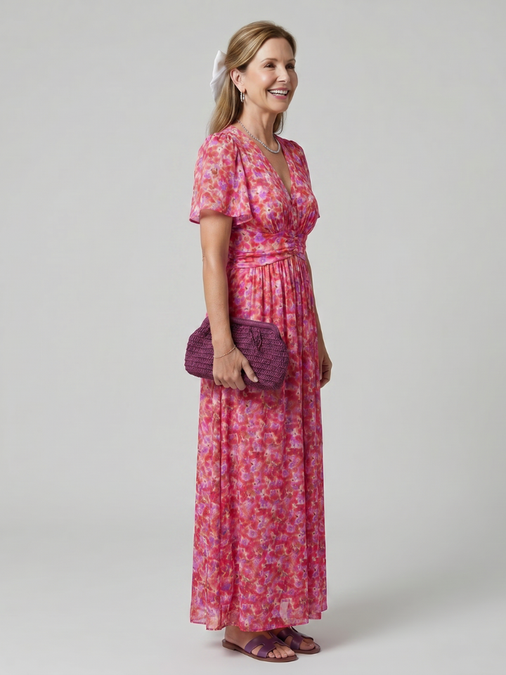 Cecily | Short Sleeve Ditsy Floral Midi Dress with Gathered Waist