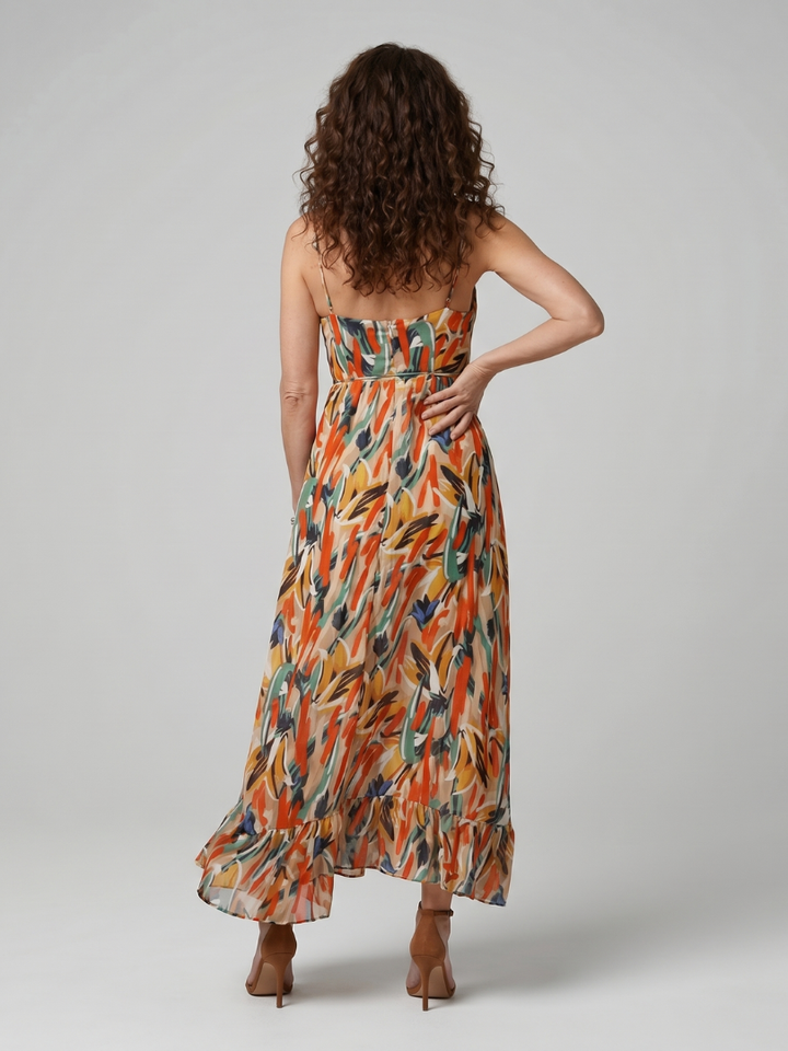 Clemmie | Spaghetti Strap Abstract Print Midi Dress in Multicolour