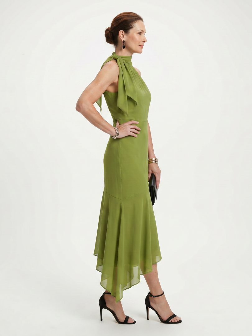 Winifred | Draped Halter Keyhole Midi Dress in Green