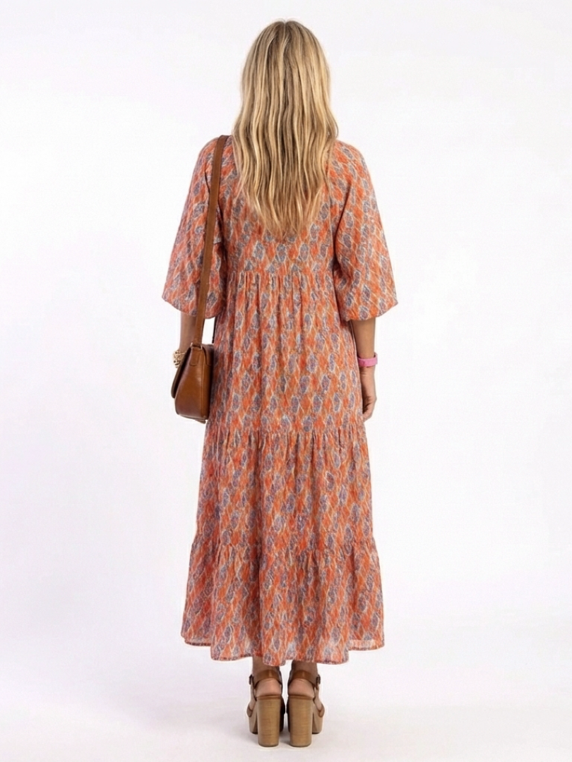 Margery | Geometric Print V-Neck Tiered Midi Dress