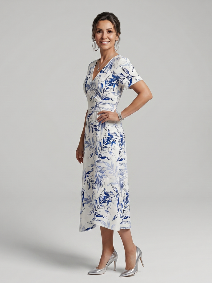 Carys | V-Neck Botanical Print Wrap Midi Dress in White
