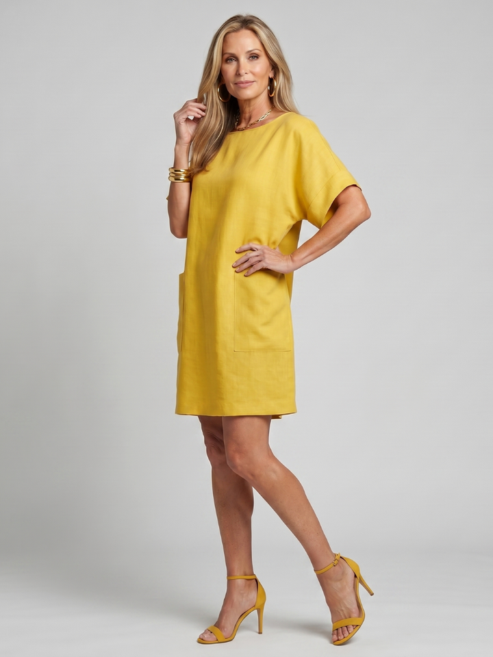 Margot | Short Sleeve Patch Pocket Knee Length Dress in Yellow, Sky Blue & Blue