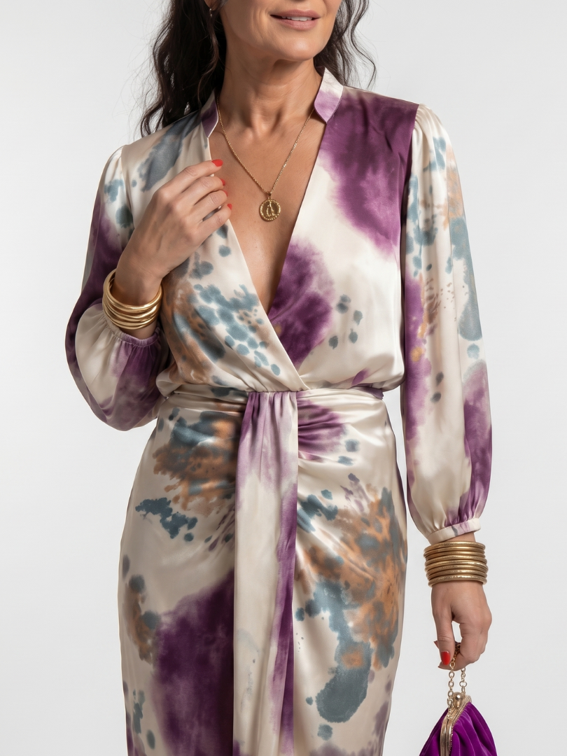 Cordelia | Cross Wrap Tie Waist Printed Midi Dress in Multicolour