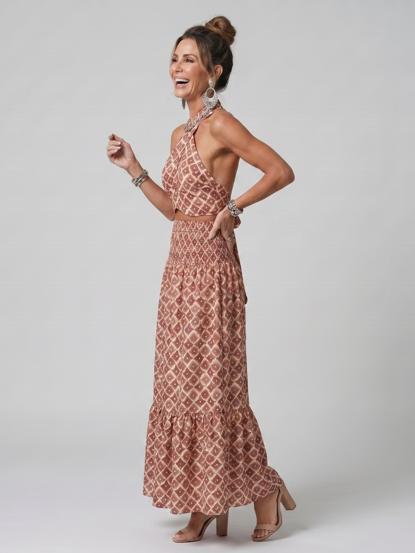 Verity | Geometric Print Cross Halter Cutout Midi Dress