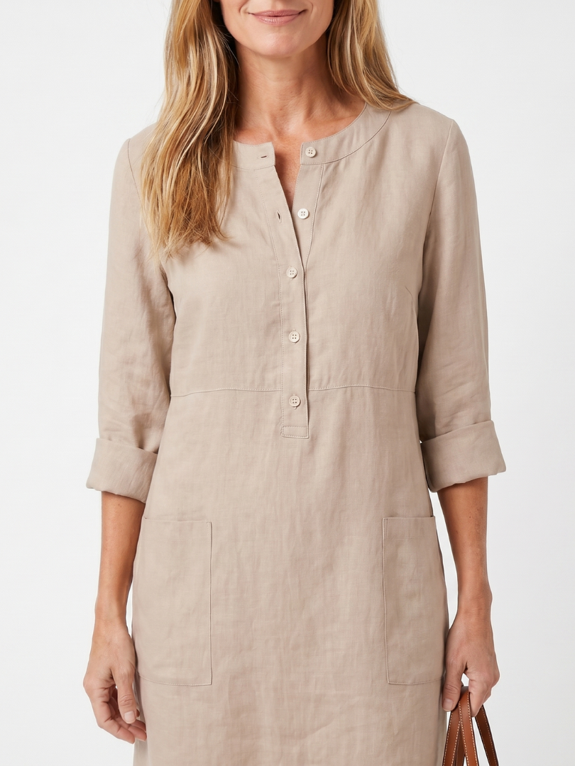 Harriet | Button-Front Knee-Length Dress with Three-Quarter Sleeves in Beige, Black, Orange & Grey