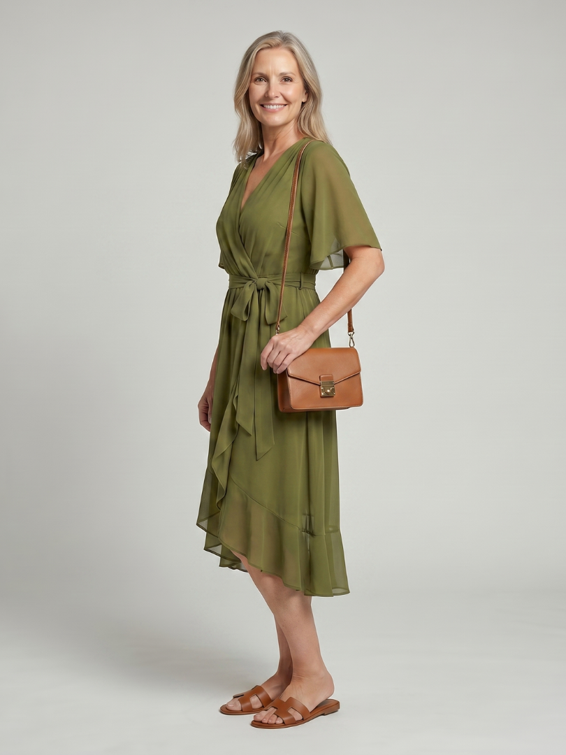 Seren | Short Sleeve Wrap Midi Dress with Fluid Hem in Green, Black, and Blue