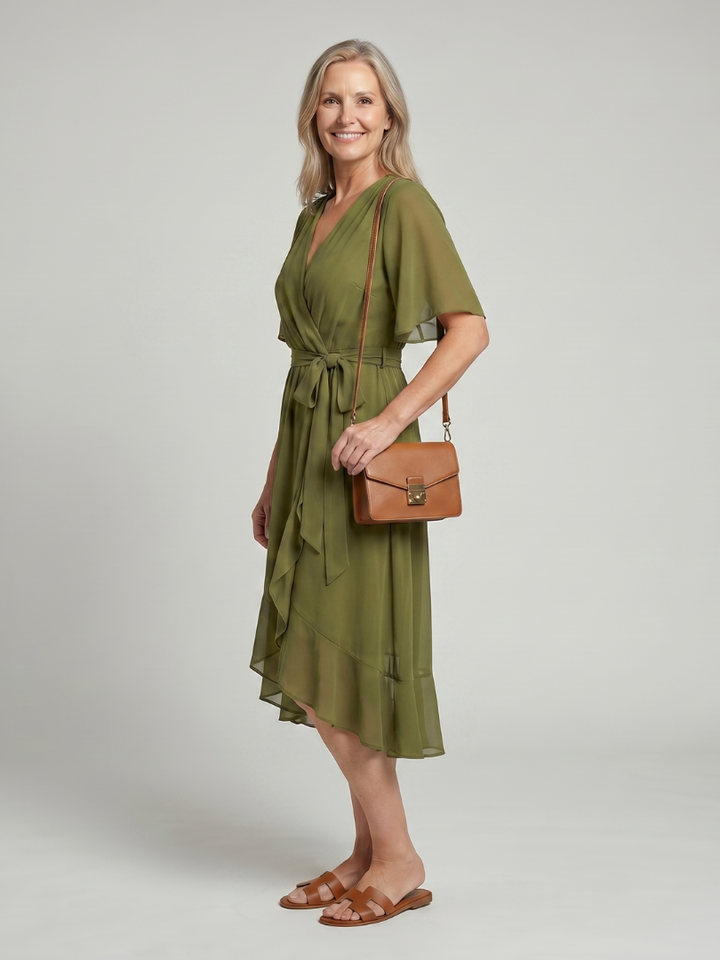 Seren | Short Sleeve Wrap Midi Dress with Fluid Hem in Green, Black, and Blue