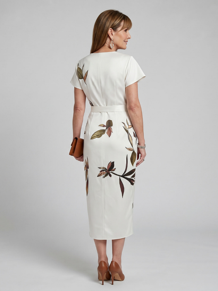 Clarissa | Flutter Sleeve Wrap Botanical Print Midi Dress in White & Sky Blue