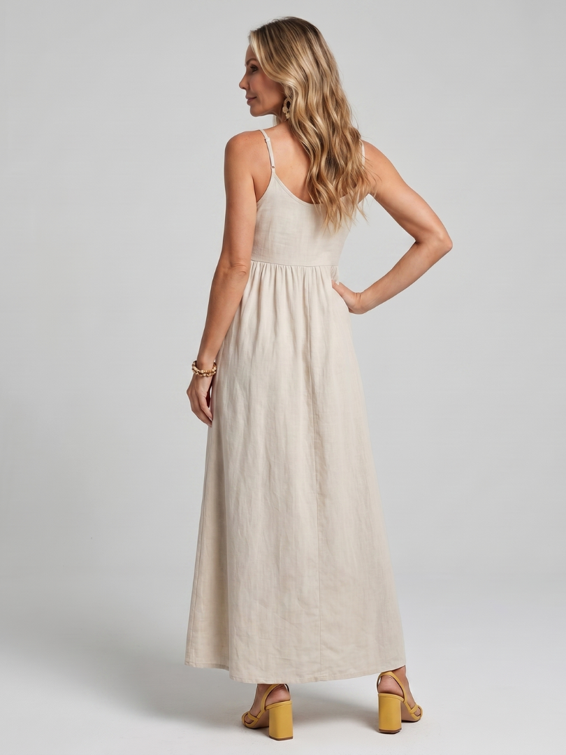 Fleur | Spaghetti Strap Gathered Waist Flowing Midi Dress in White