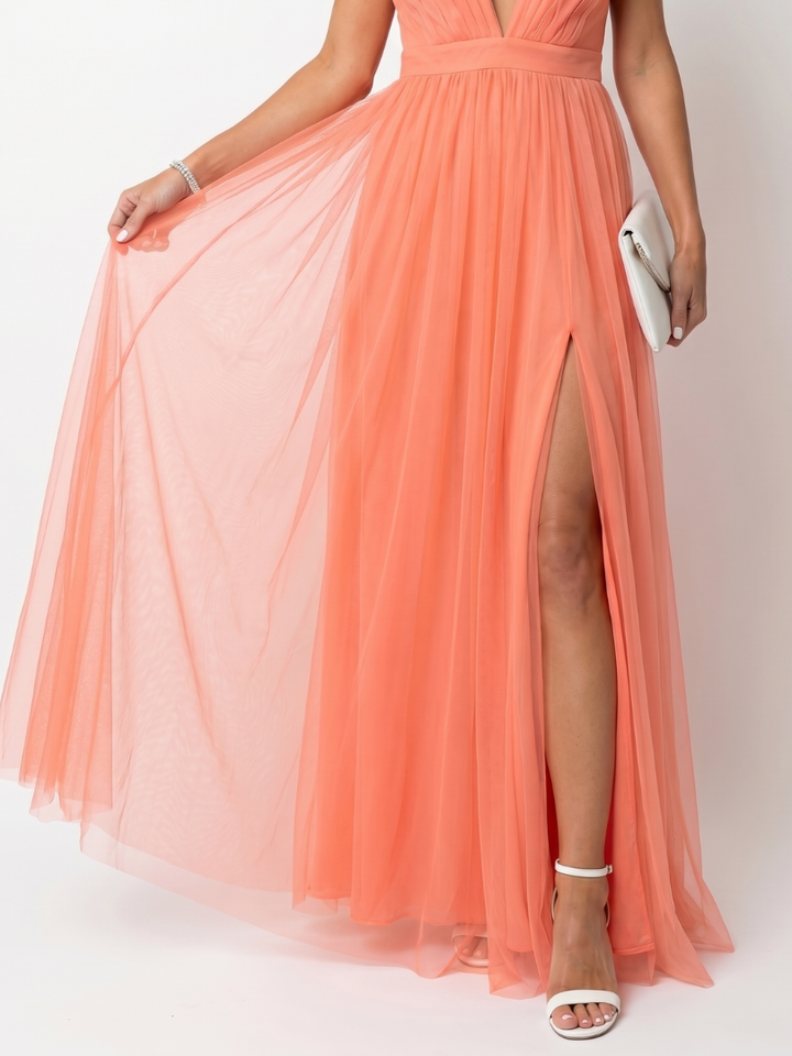 Isolde | Deep V-Neck Pleated Maxi Dress in Orange