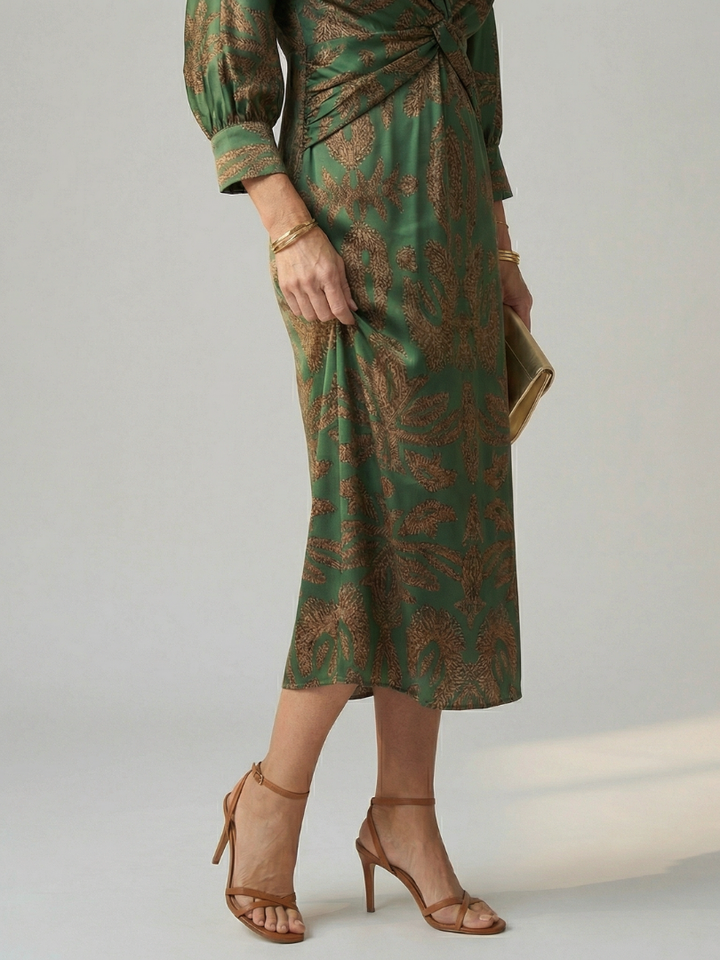 Romilly | Long Sleeve Wrap Midi Dress in Dark Green, Blue, Brown and Red