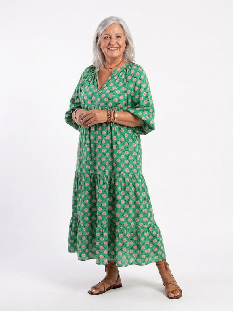 Genevieve | Floral Print V-Neck Tiered Midi Dress