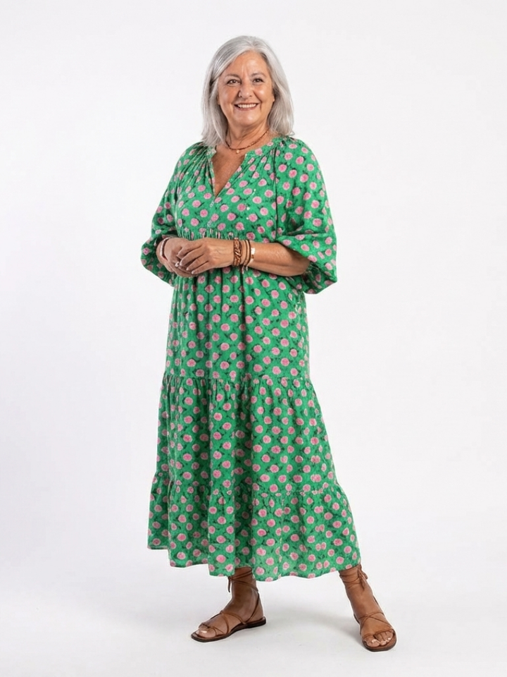 Genevieve | Floral Print V-Neck Tiered Midi Dress