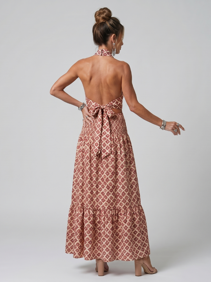 Verity | Geometric Print Cross Halter Cutout Midi Dress
