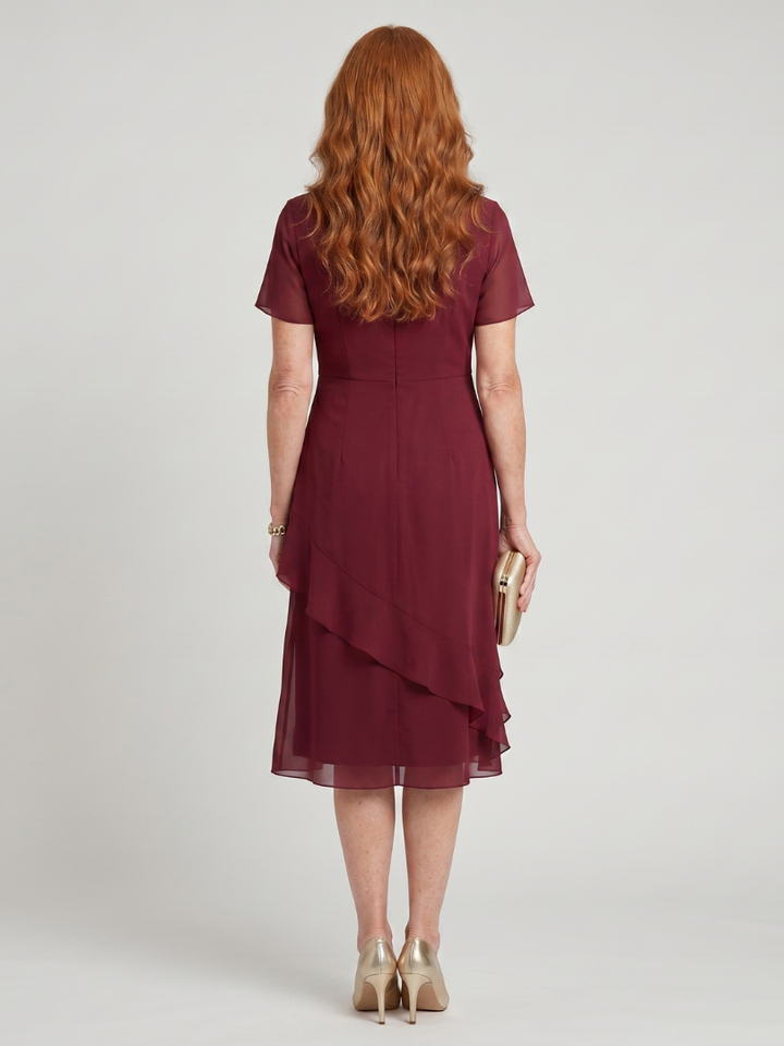 Elowen | Short Sleeve Layered Hem Midi Dress with Twist Waist Detail