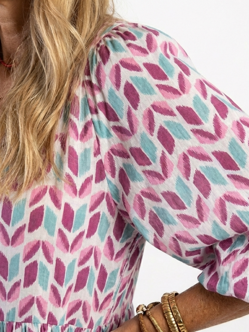 Gisela | Geometric Print Long Sleeve Tiered Midi Dress