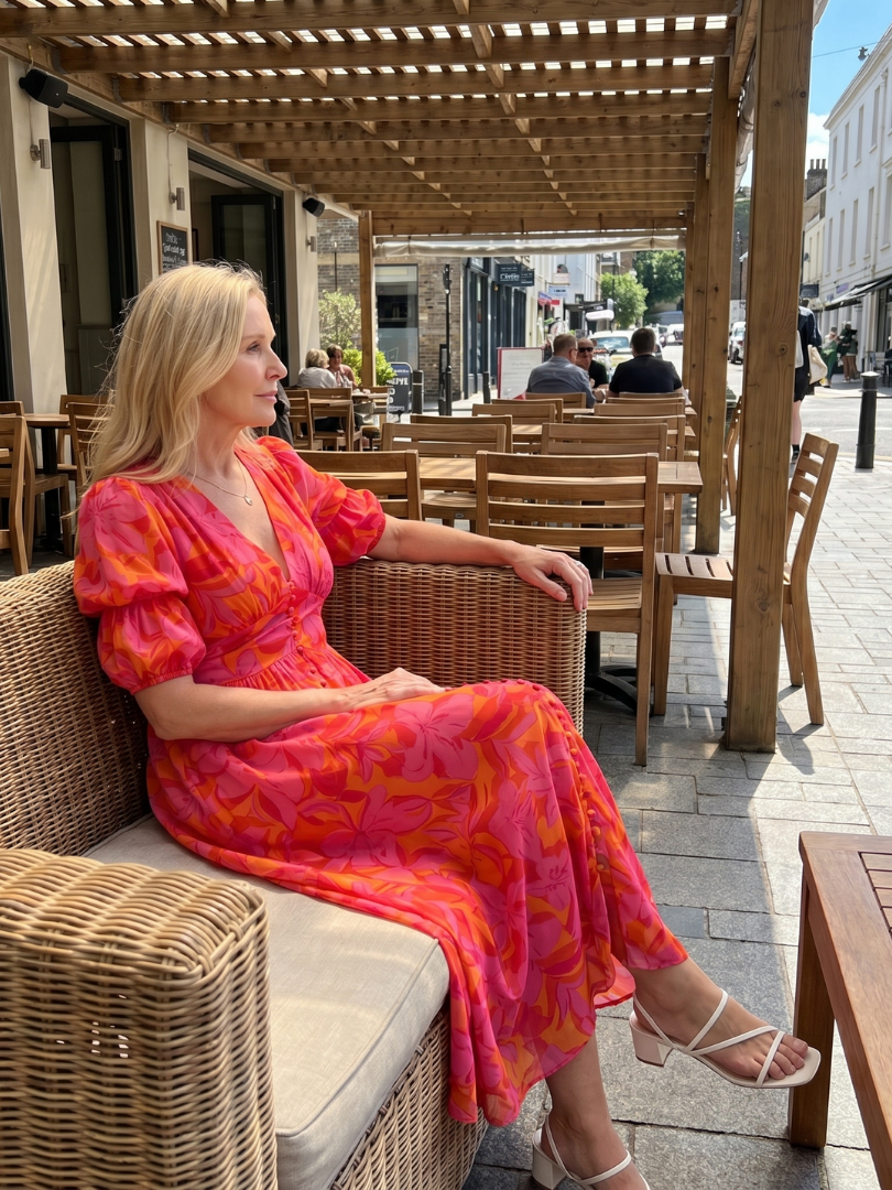 Rosalind | Puff Sleeve V-Neck Bold Floral Print Midi Dress in Multicolour