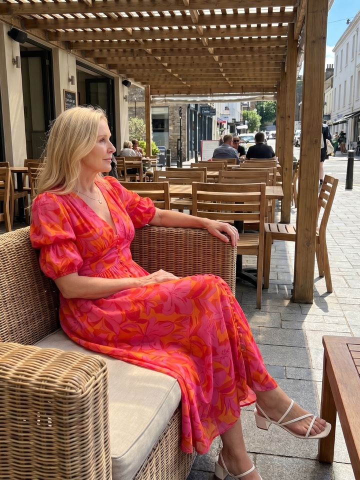 Rosalind | Puff Sleeve V-Neck Bold Floral Print Midi Dress in Multicolour