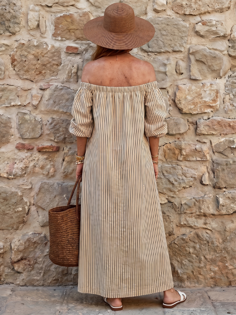Lavinia | Off-Shoulder Vertical Stripe Relaxed Midi Dress in Beige
