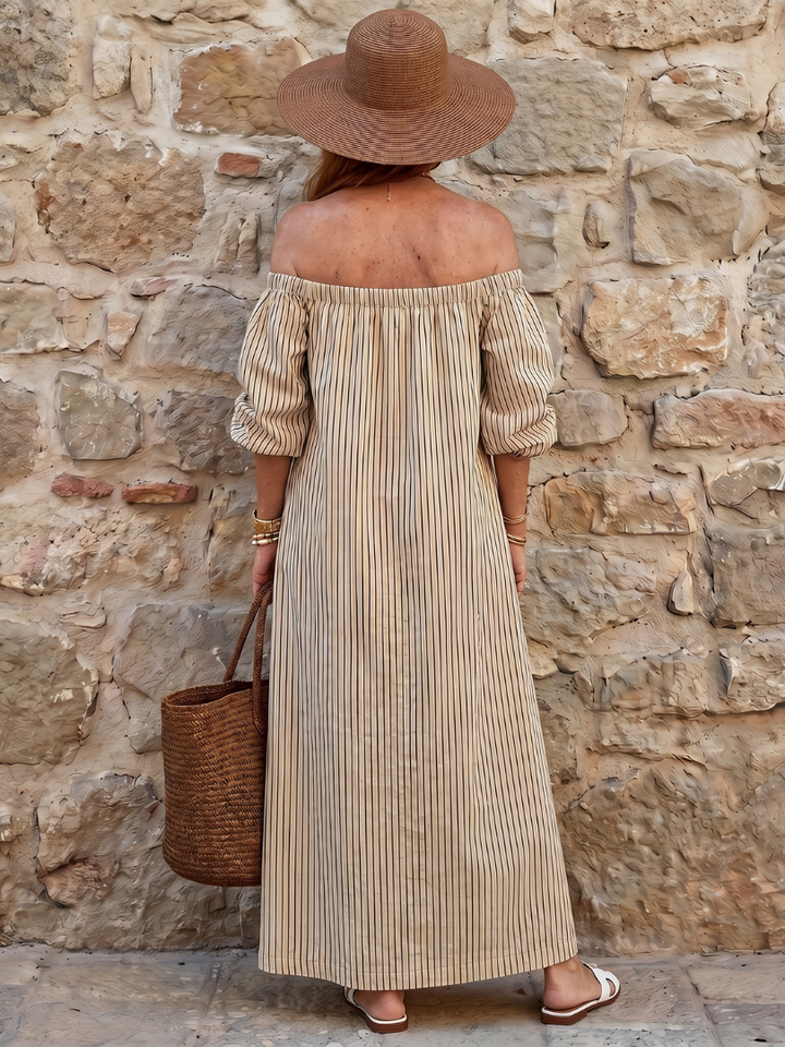 Lavinia | Off-Shoulder Vertical Stripe Relaxed Midi Dress in Beige