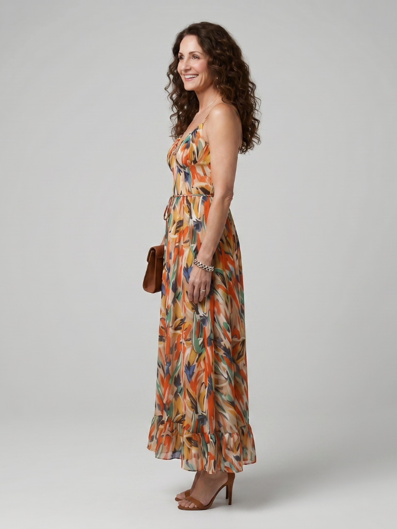 Clemmie | Spaghetti Strap Abstract Print Midi Dress in Multicolour