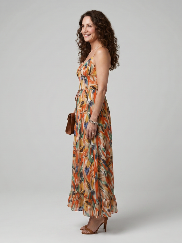 Clemmie | Spaghetti Strap Abstract Print Midi Dress in Multicolour
