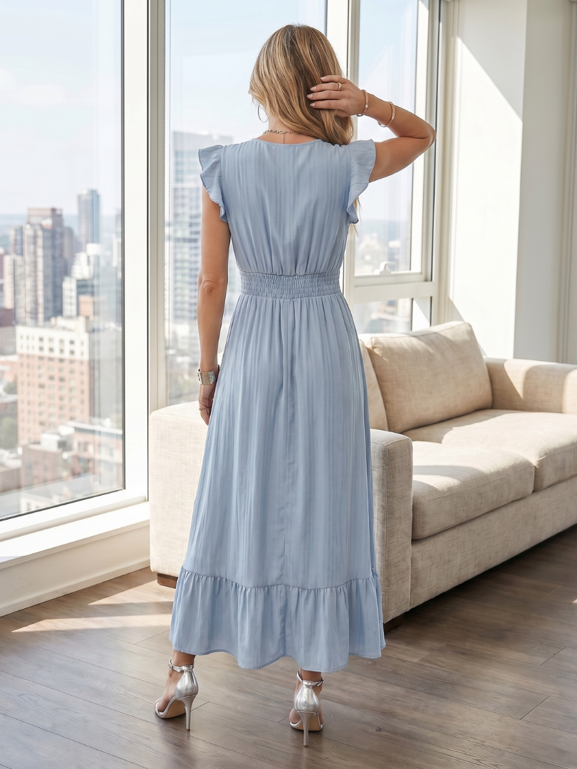 Clover | Ruffle Sleeve Smocked Waist Midi Dress in Blue, Green, Black and Sage