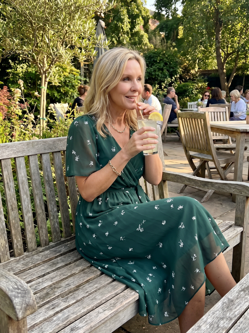 Mirabel | Flutter Sleeve Gathered Waist Floral Print Midi Dress in Dark Green
