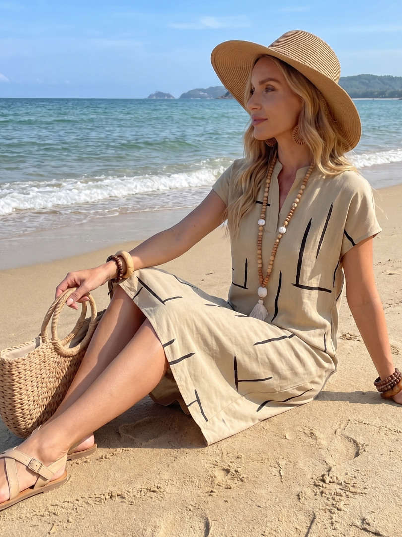 Georgina | Short Sleeve Abstract Print Relaxed Knee Length Dress in Beige