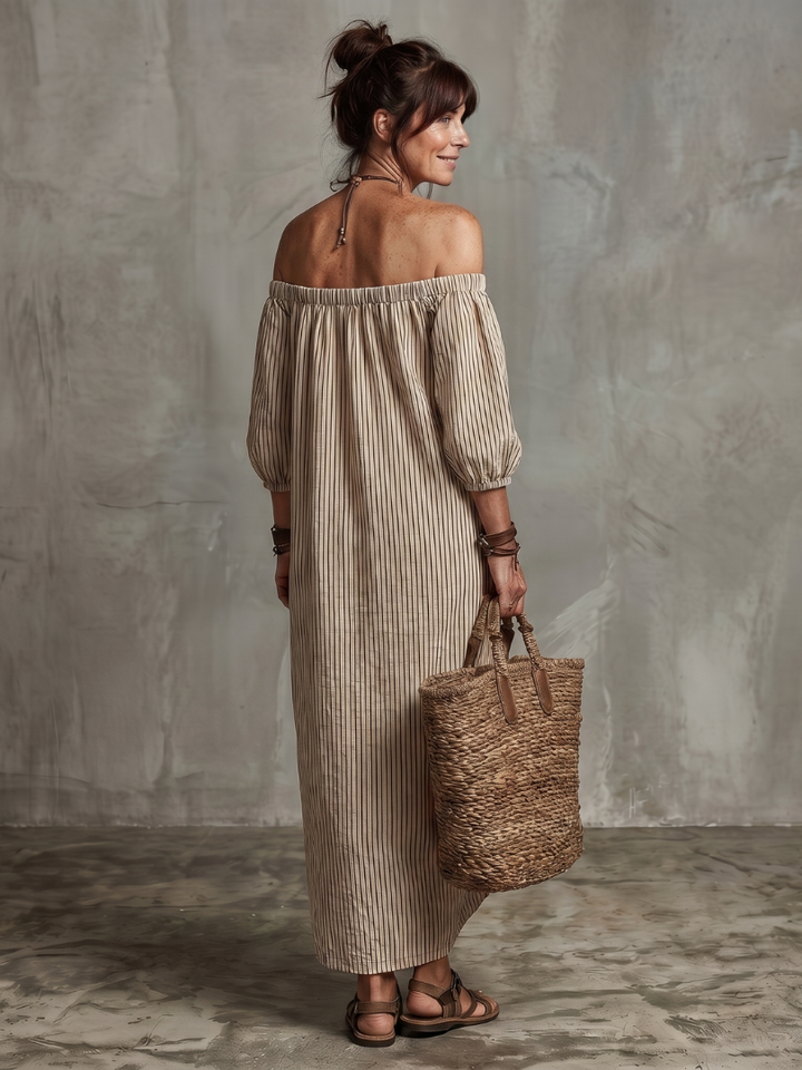 Euphemia | Striped Off-Shoulder Maxi Dress in Khaki