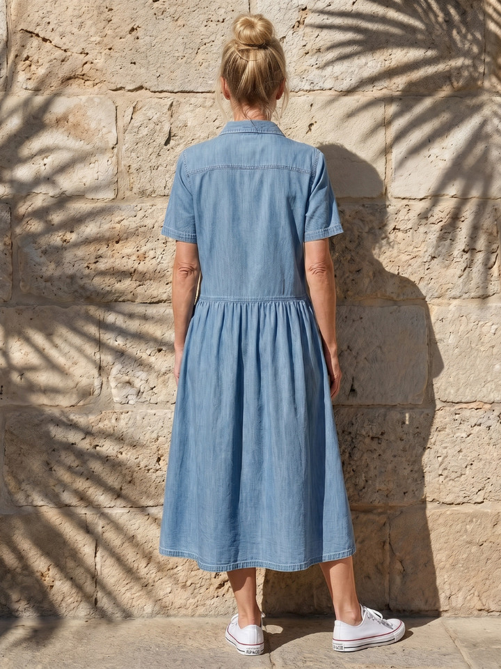 Geneva | Gathered Waist Button-Front Collared Midi Dress in Blue